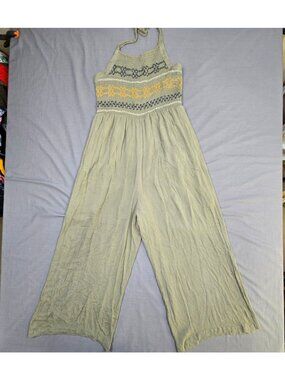 Hem & Thread Womens Jumpsuit Size Large Green Rayon Wide Leg Embroidered Boho